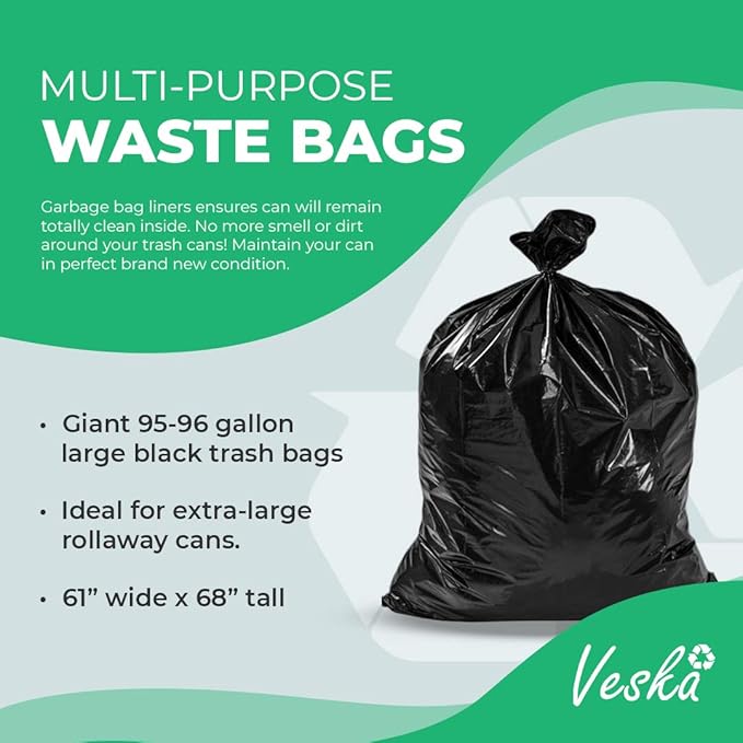 Veska 95-96 Gallon Trash Bags Heavy Duty (Huge 50 Bags W/Ties) 95-96 Gallon Trash Bags Large Black Heavy Duty Can Liners Large 90-100 Gallon Garbage Can Liners
