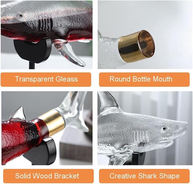 Wine Decanters 1000ml Sharks Whiskey Decanter Set with 4 Glasses &amp Wood Stand Glass Liquor Decanter For Whiskey Scotch Bourbon Vodka (Decanter Set)