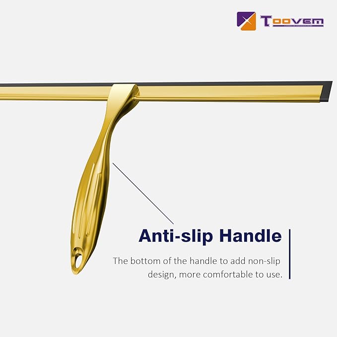 TOOVEM 14 Inch Shower Squeegee for Glass Doors Window Bathroom Car Windshield Shower Cleaning Tools with S Hook Square Sticky Hook (Gold)