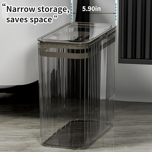Transparent Trash Can Bathroom Trash Cans with Lids 3.5 Gallon Garbage Can for Bedroom Office Plastic Slim Waste Basket with Press Top Lid 15L Clear Trash Bin for Home Kitchen (Gray)