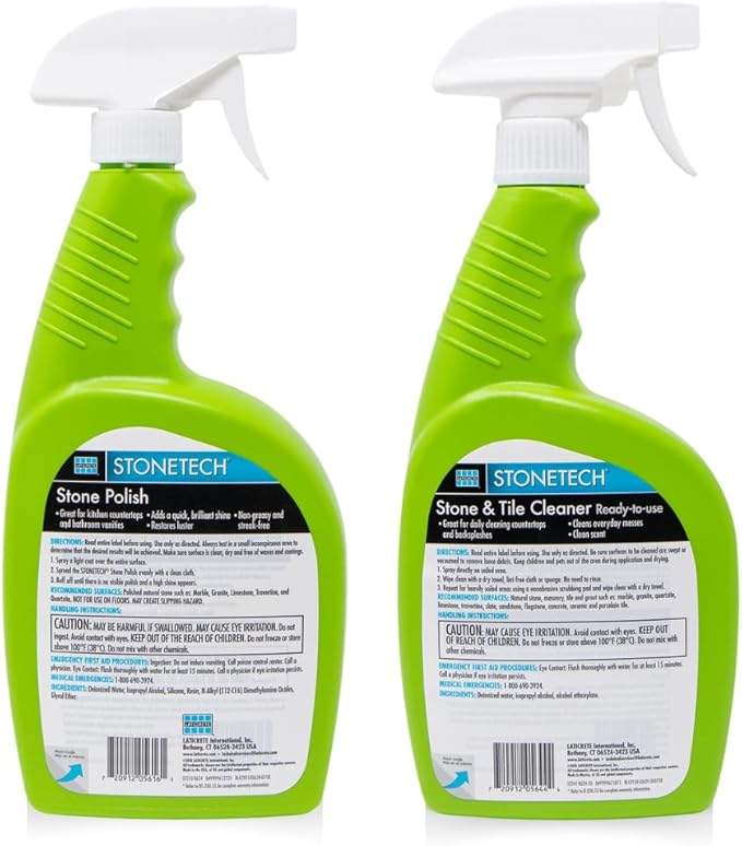StoneTech Stone &amp Tile Cleaner and Stone Polish Duo – Daily Cleaner &amp Polish for Granite Marble Quartzite Travertine – Removes Dirt &amp Restores Shine – 2 Microfiber Cloths – Fresh Scent