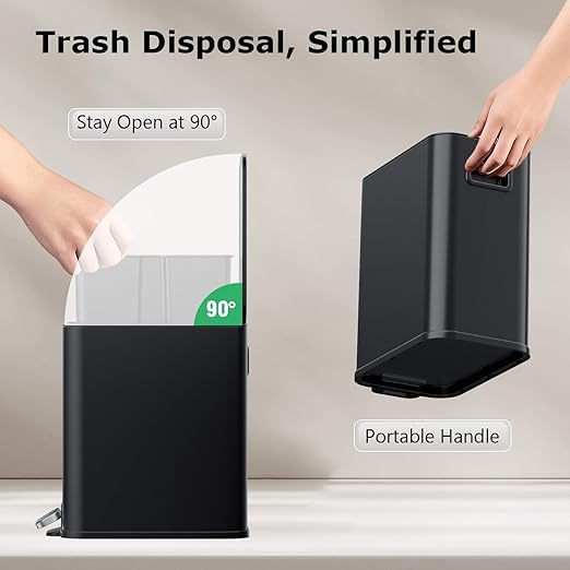 Small Bathroom Trash Can with Lid Soft Close 1.3 Gallon Garbage Can Step Pedal Stainless Steel Wastebasket Slim Trash Bin for Office Bedroom Toilet Live Room (Black)