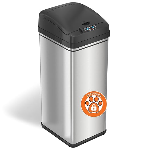 iTouchless 13 Gallon Dog Proof Trash Can with Odor Filter Motion Sensor Stainless Steel Kitchen Trashcan Garbage Bin for Home Office Bedroom Work Living Room Garage Large Capacity Slim Wastebasket