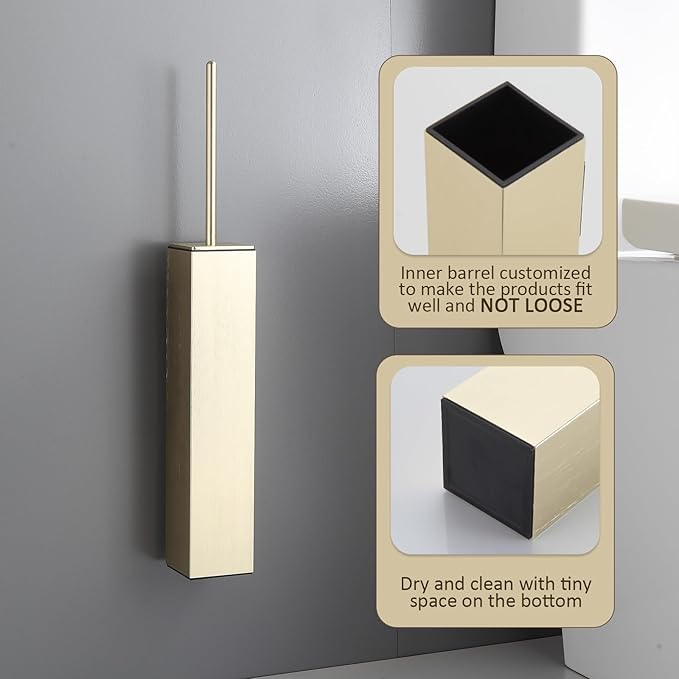 Toilet Brush and Holder Wall Mounted Brushed Gold Aluminum with 2 Replaceable Heads Bathroom Toilet Brush Drill or 3M Adhesive Mount Removable Liner and Splash Guard Modern Square Design