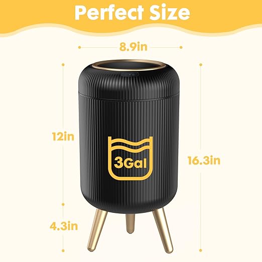 Bathroom Trash Can Automatic Touchless3 Gallon Smart Motion Sensor Trash Bin with LidPlastic Black Garbage Can Wastebaskets with Removable Legs for Kitchen Office Toilet Bedroom