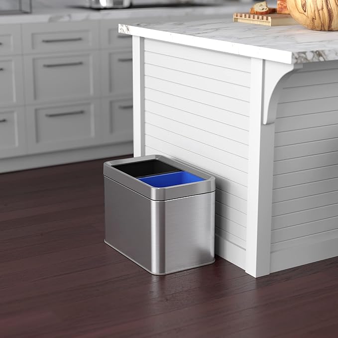 iTouchless 20 Liter / 5.3 Gallon Open Top Waste Trash Can &amp Recycle Bin with 2 Recycle Stickers Dual Compartment Slim Stainless Steel Container