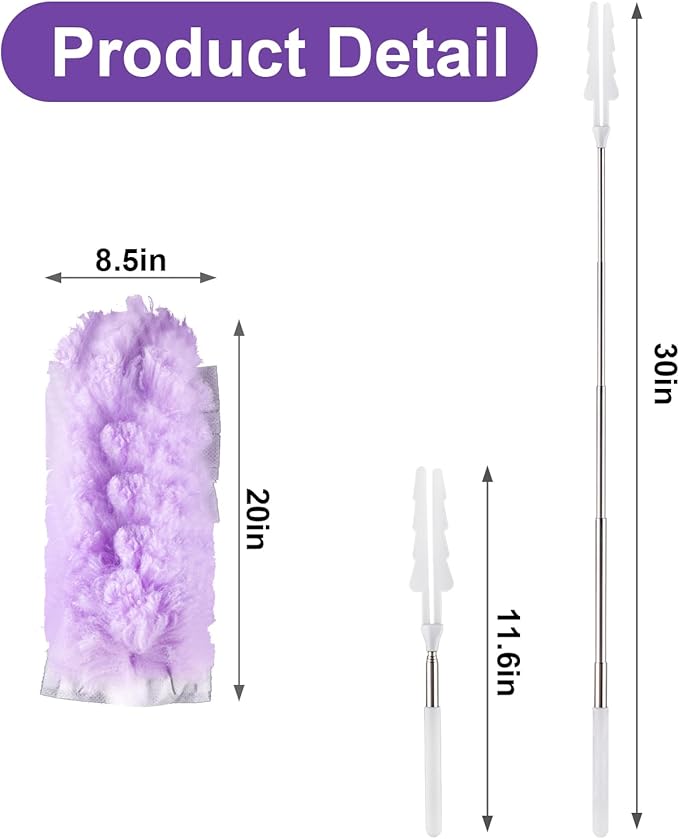 ITTAR 30 Count Duster Refill kit Duster for Cleaning with Extension Pole Microfiber Dust Remove Supplies Fan Feather Dusters for Cleaning Ceiling Fan Blinds Furniture Vent &amp Shelves-Purple