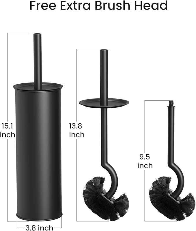 Cesun Toilet Brush and Holder Set - Curved Design Toilet Brush for Deep Cleaning Under Rim 304 Stainless Steel Toilet Bowl Brush and Holder for Bathroom Rv Black(2 Replaceable Brush Head Included)