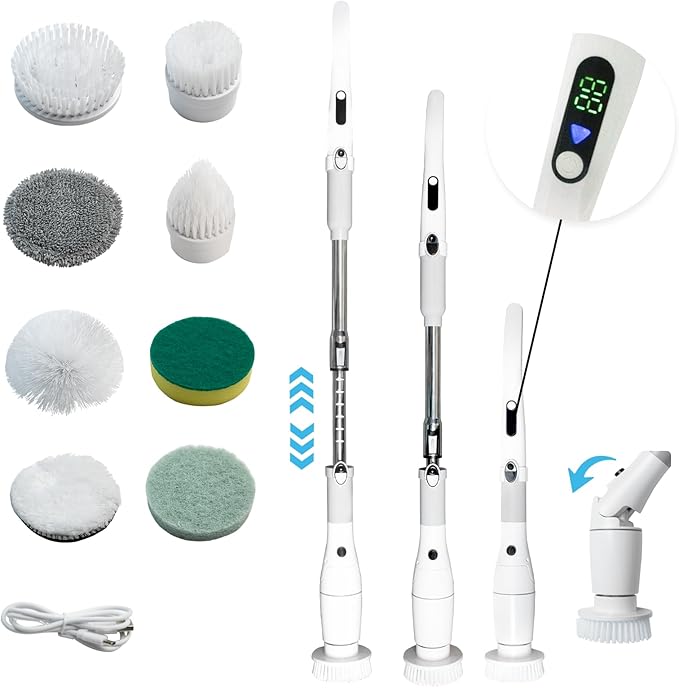 Electric Spin Scrubber with LCD DisplayShower Scrubber with Long HandleCordless Power Cleaning Brush with 8 Brush Heads Electric Scrubber for Bathroom Kitchen CleaningIPX7 Waterproof