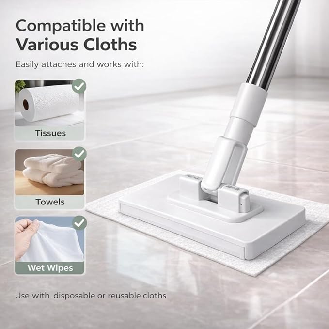 Convenient Cloth Changing Mini Mop Snap Grip Zero Touch Mini Mop(with 10 Cloth)Reusable  Wash-Free Minimop for Gaps &amp Multi-Surface 38inch Retractable and Adjustable (1PC)(White 38″)