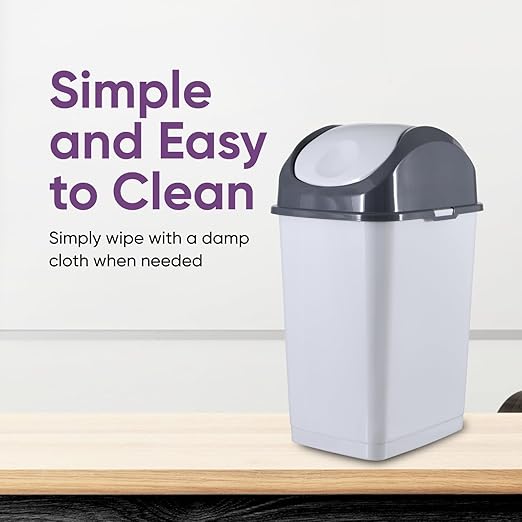 Superio Small 2.5 Gallon Plastic Trash Can with Swing Top Lid Compact Slim Waste Bin for Under Desk Office Bedroom Bathroom Dorm Room 10 Qt. Portable Garbage Can (SmokeWhite/Grey 2 Pack)