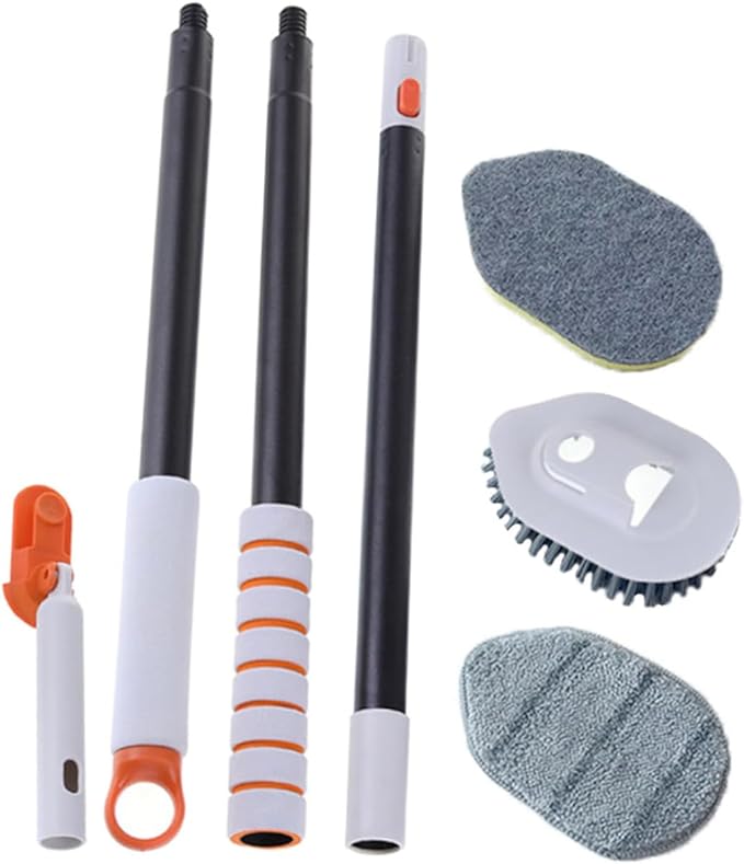 Beaupretty Extendable Handle Scrub Brush Multi-Purpose Bathroom and Floor Cleaning Tool with Durable Hard Bristle and Microfiber Heads for Stain Removal Toilets and Showers