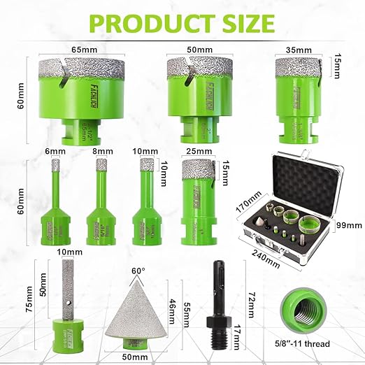 Diamond Core Drill Bits Set - 10pcs Tile Hole Saw Kit 6/8/10/25/35/50/65mm with 2 Diamond Beveling Chamfer Bits for Porcelain Ceramic Tile Granite Marble