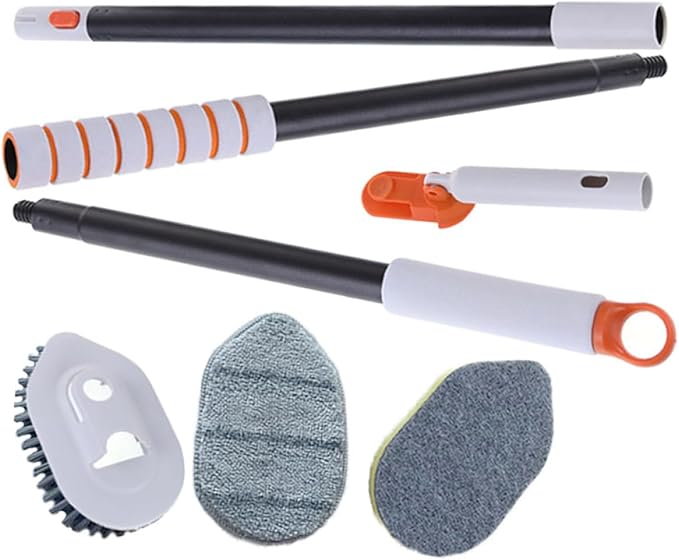 Veemoon Multi-Functional Grout Brush and Floor Scrub Brush Set with Extendable Handle for Bathroom and Shower Floor Includes Replaceable Scrub and Cleaning Cloth Heads
