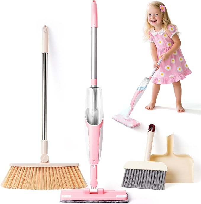 Kids Cleaning Toy SetPink Mini Spray Mop Montessori Toys Pretend Play Cleaning Tool for Toddlers with Spray Mop &amp Kids Broom Dustpan Set Cleaning Toys Gift for Toddlers Girls Boys Age 3+