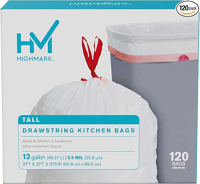 Highmark 0.9-mil Drawstring Trash Bags 13 Gallons White Box Of 120 DP848808