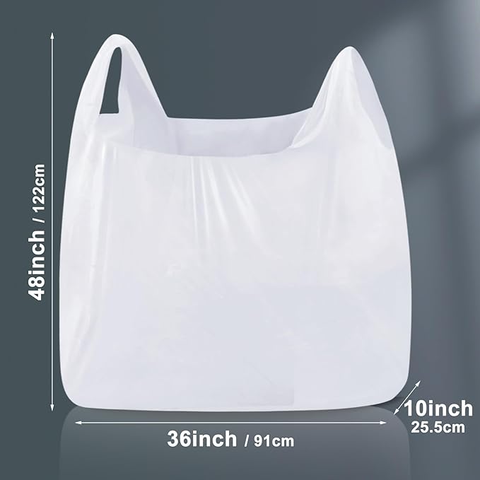 100 Pack 48 x 36 x 10 Extra Large White Plastic T-shirt Shopping Bags(0.8 Mil Thick) with Handle for Restaurant Retail Grocery Business