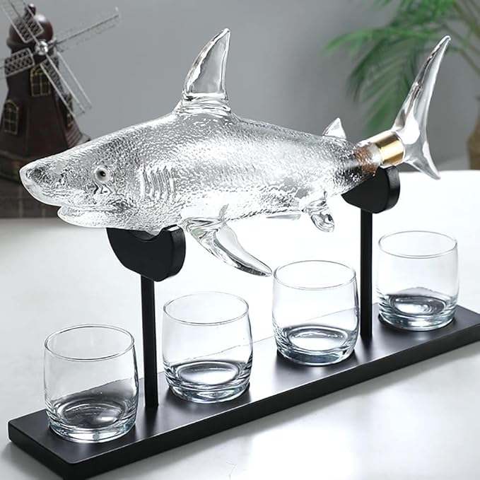 Wine Decanters 1000ml Sharks Whiskey Decanter Set with 4 Glasses &amp Wood Stand Glass Liquor Decanter For Whiskey Scotch Bourbon Vodka (Decanter Set)