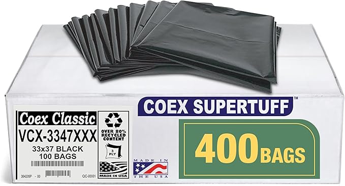 Aluf Plastics - Value COEX 3 Ply Garbage Bags 33 Gallon 2 Mil (eq) 33x47 Black 400 Count