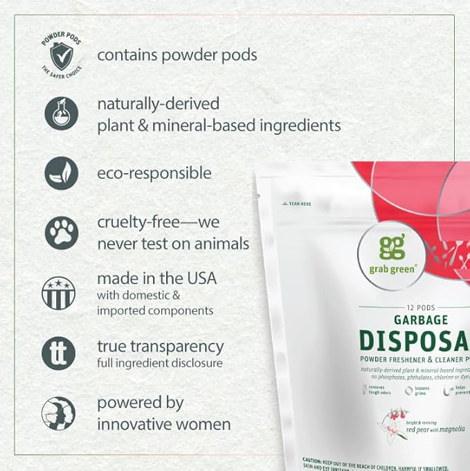 Grab Green Naturally-Derived Mineral-Based Disposal Cleaner &amp Freshener Pods Red Pear with Magnolia 12 Pods (4-Pack)