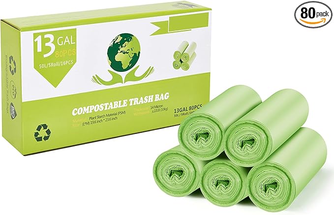 Compostable Trash Bags 13 Gallon Green Compst Trash Bags for Home and Kitchen 50L Capacity 5 Pack 80 Counts