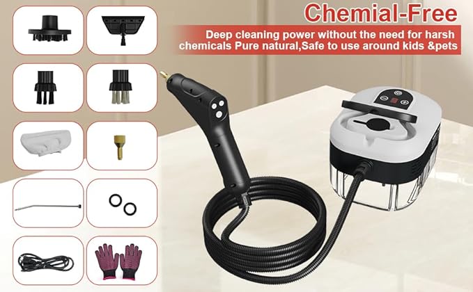 Steam Cleaner for Home 15s Heat-Up 1.2L Water Tank 6-Level Adjustable Handle Handheld Steam Cleaner for Car Detailing Dirt Furniture Couch Floor Tile Bathroom Bed Bugs 9Pcs Accessories