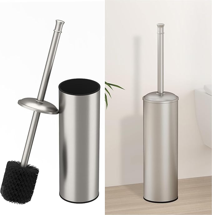 BESy Toilet Brush and Holder Toilet Cleaner Bowl Set with Two Brush with Extra Long Handle Durable Bristles Toilet Scrubber and Covered Holder Drip-Proof Stainless Steel Brushed Nickel