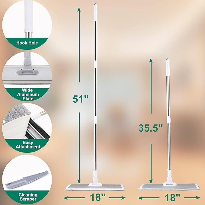 18 Professional Microfiber Mop Floor Cleaning System Flat Mops with Stainless Steel Handle 4 Reusable Washable Mop Pads Wet and Dust Mopping for Hardwood Vinyl Laminate Tile Cleaning (White)