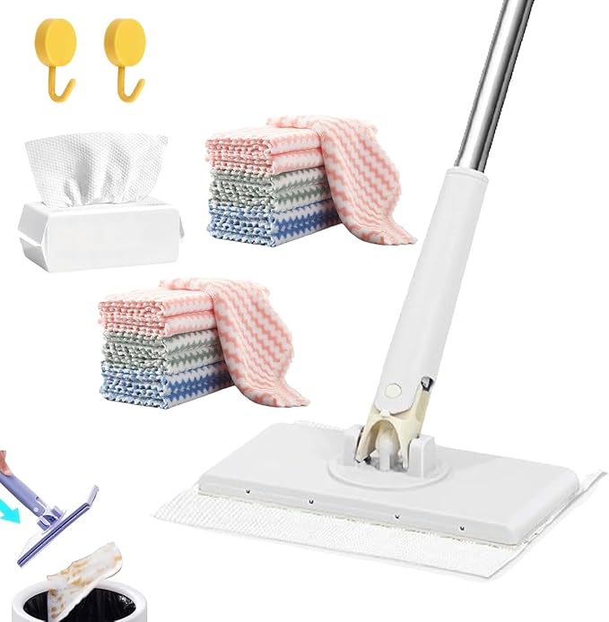 Clever Snap-Grip Mini Mop Zero Touch No Wash Lazy Mops Wet and Dry Convenient Automatic Cloth Changing Mini Mop Disposable Dust Mop with 10 Reusable Cloths 40inch Locking Handle (White 36in)