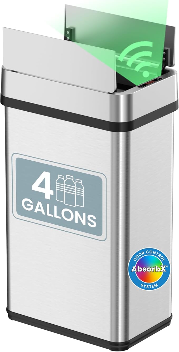 iTouchless 15 Liter / 4 Gallon Stainless Steel Wings Open Lid Sensor Bathroom Trash Can Touchless Automatic Operation Compact Design for Home Office Restroom Bedroom Kitchen