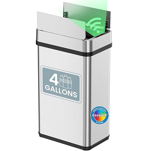 iTouchless 15 Liter / 4 Gallon Stainless Steel Wings Open Lid Sensor Bathroom Trash Can Touchless Automatic Operation Compact Design for Kitchen Bedroom Home Office Restroom