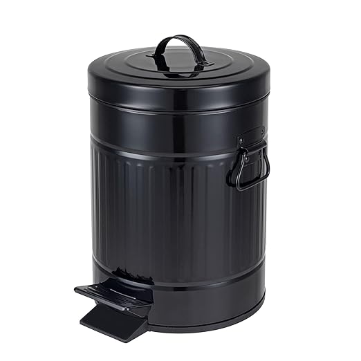 Bathroom Trash Can with Lid Small Waste Basket for Home Bedroom Retro Step Garbage Can with Soft Close Vintage Office Trash Can 5 Liter/ 1.3 Gallon Glossy Black