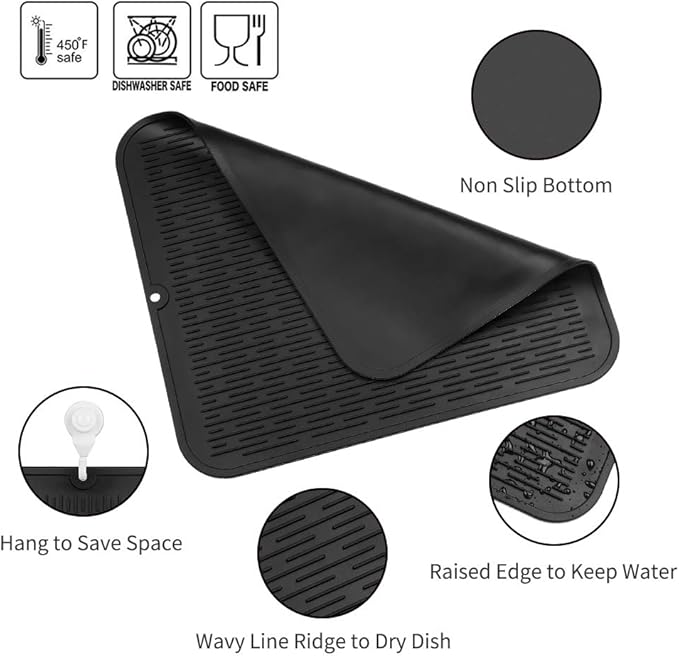 MicoYang Silicone Dish Drying Mat for Multiple UsageEasy cleanEco-friendlyHeat-resistant Silicone Mat for Kitchen Counter or SinkRefrigerator or Drawer Liner Black XL 18 inches x 16 inches