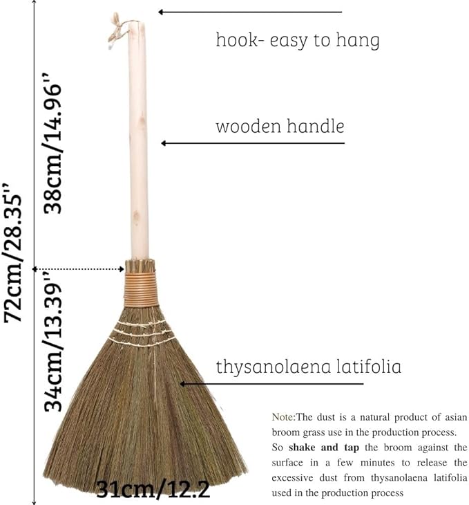 Handmade Vietnamese Straw Broom Single Handle – Free Halloween Decoration Set Witch Broom for Costume Haunted House &amp Indoor Decor Soft Grass Whisk Broom for Sweeping or Display