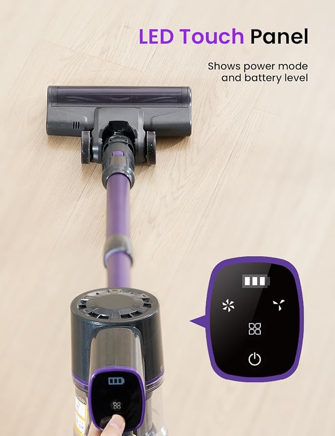 Vexilar Cordless Vacuum Cleaner Self-Standing Rechargeable Stick Vacuum Cleaners for Home 35mins Runtime LED Screen 6-in-1 Lightweight Handheld Vacuum for Hard Floor Carpet (Purple)