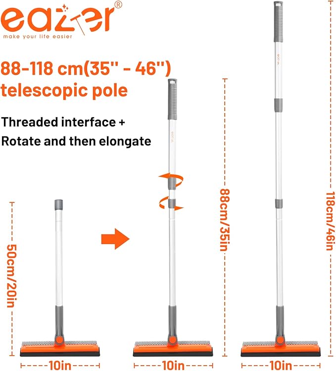 Eazer 46'' Professional Window Cleaner Tool 2-in-1 Rotatable Squeegee for Window Cleaning Kit Window Washing Equipment Kit with Threaded Extension Pole(20''-46'') for Shower/Windshield.