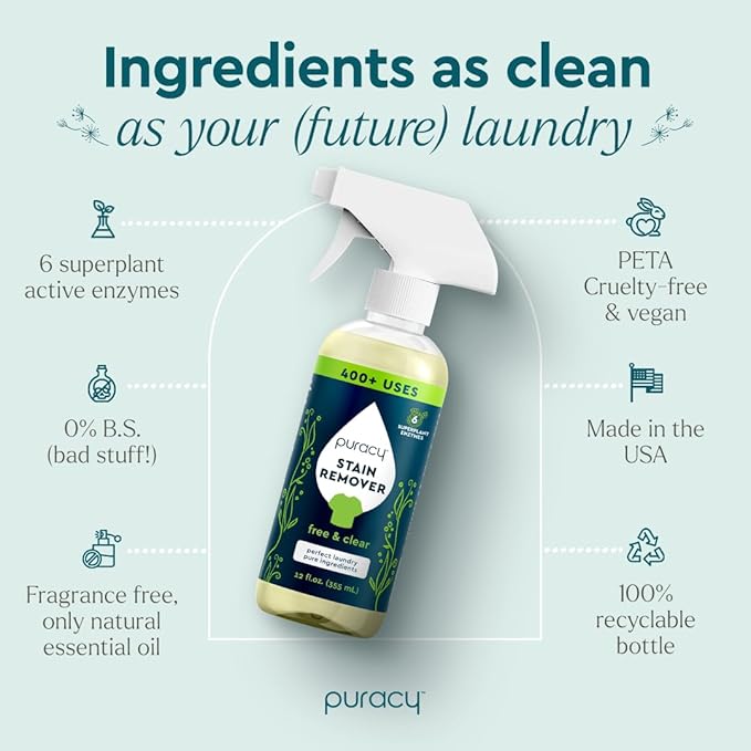 Puracy 12oz Stain Remover Laundry Stain Remover Spray for Clothes Enzyme-powered Natural Liquid Laundry Detergent 48oz Refill Free &amp Clear 12oz &amp Fresh Linen 48oz Bundle