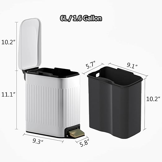 Small Bathroom Trash Can with Lid Soft Close-6L/1.6 Gal Slim Step Garbage Can-Metal Pedal Wastebasket-Narrow Rectangle Garbage Container Bin for Corner Office Bedroom Toilet Live Room-White