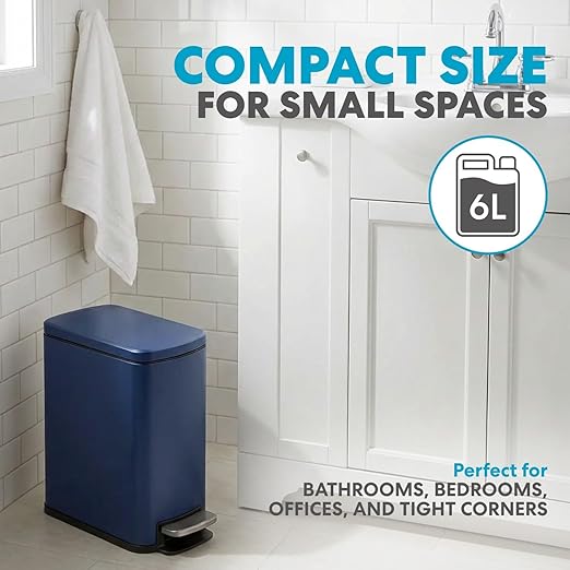 6L/1.6G Stainless Steel Bathroom Trash Can with Hands-Free Foot Pedal Quiet Soft-Close Lid Compact Space-Saving Size