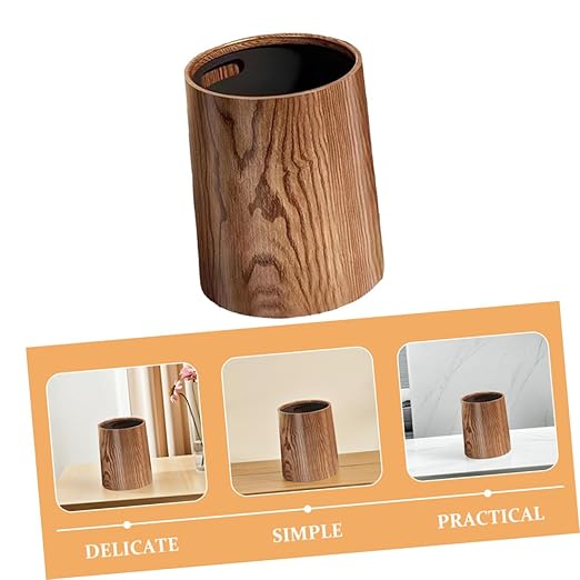 Garneck Rustic Wood Grain Trash Can 8L Plastic Wastebasket Large Capacity Bathroom Kitchen Office Toilet Bin Farmhouse Style Household Garbage Bin