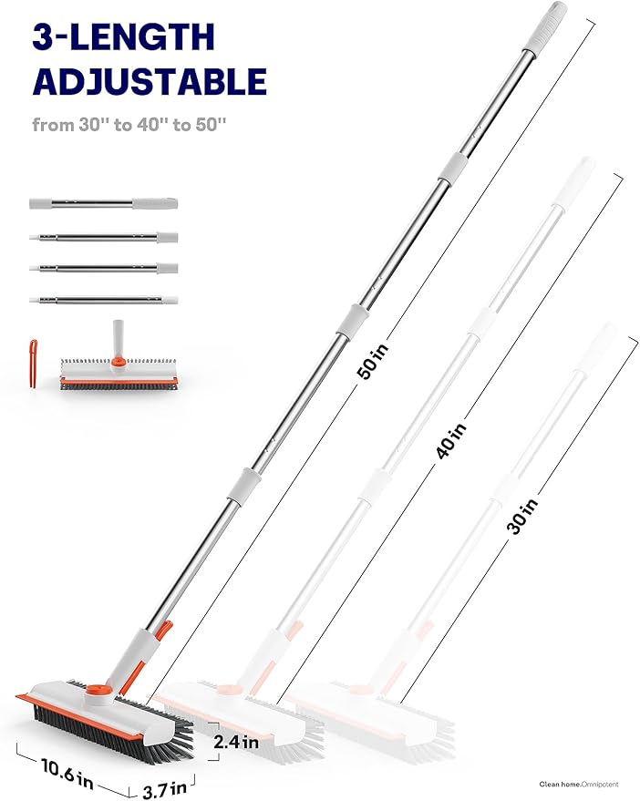 Floor Scrub Brush with Long Handle 3 in 1 Scrape and Heavy-Duty Stiff Bristle Floor Scrubber Brush with Squeegee and Tweezer for Cleaning Tile Wall Deck (Orange and White)