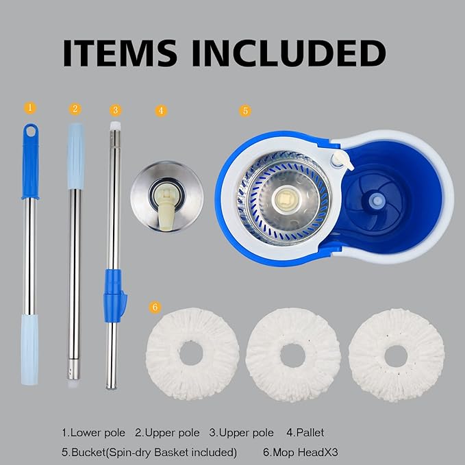 Mop and Bucket Set 360° Spin Mop and Bucket with Wringer Set and 6 Microfiber Mop Refills Stainless Steel 61 Extended Handle Spinning Mop Bucket System for Floor Cleaning (2 Sets)