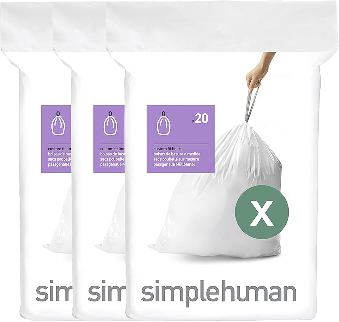 simplehuman Code X 60 Count Dispenser Pack Custom Fit Liners Drawstring Trash Bags 80 Liter / 21.1 Gallon White
