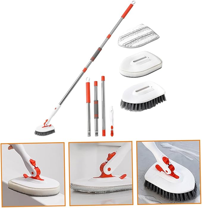 PRETYZOOM Long Handle Tub Tile Scrubber Brush with Hard Bristle and Fiber Cloth for Bathroom Floor Grout Cleaning Multi Surface Scrub Tool with Hanging for Easy Storage and Efficient Shower