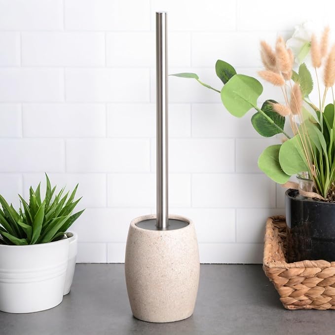 Toilet Bowl Brush and Holder with Stainless Steel Long Handle Toilet Scrubber Brush with Durable Base 360° Deep Cleaning Bristles for Bathroom Compact Set for Small Space (Beige)