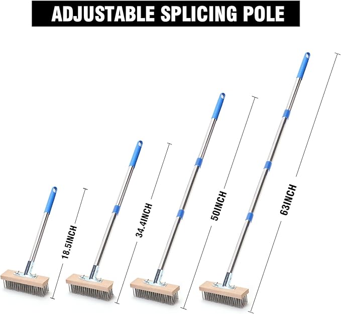 Stainless Steel Wire Scrub Brush with 63 Long Handle 2PCS 12 Brush Heads Heavy Duty Large Wire Brush Stiff Metal Bristle Floor Scrubber Patio Floor Cleaning Wire Broom for Concrete Deck Moss