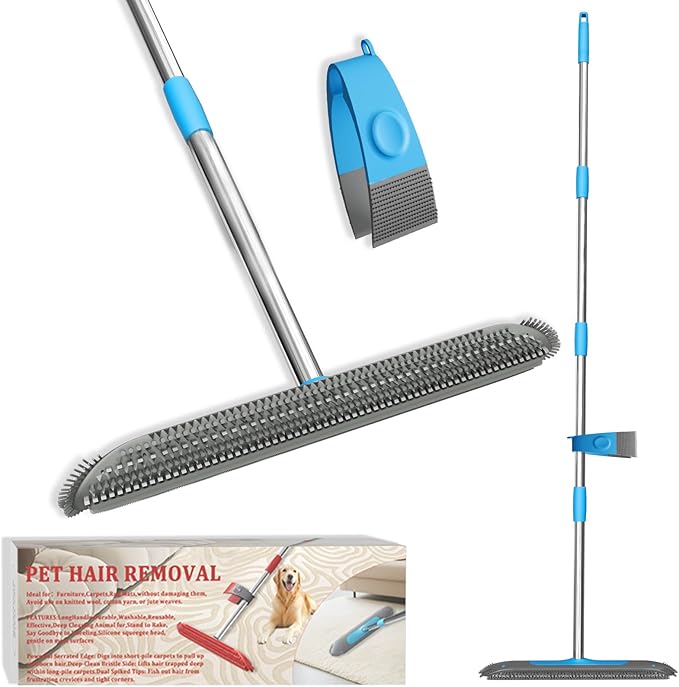 Carpet Rake for Pet Hair Removal Tool 2 in 1 Carpet Scraper with 59 Adjustable Handle Silicone Rug Rake for Dog &amp Cat Fur Hair Pet Hair Remover for Rugs Mats Couch Furniture Floor