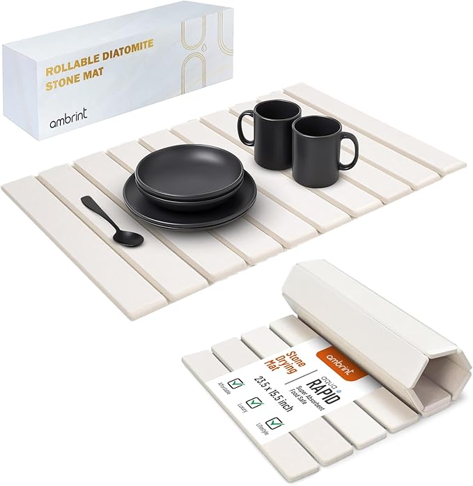 Stone Dish Drying Mat For Kitchen Counter Off-White 24x16 – Quick Dry &amp Foldable Diatomaceous Earth Mat for Dish  Bottle  Cup  Tableware &amp Match Any Countertop.