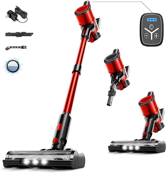 KIKETECH Cordless Vacuum Cleaner Stick Vacuum Cleaners for Home Handheld Vacuum Cleaners for Home for Pet Hair/Carpet/Floor (red)