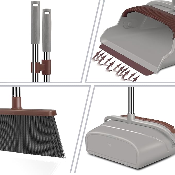 kelamayi Upgrade Broom and Dustpan Set Self-Cleaning with Dustpan Teeth Ideal for Dog Cat Pets Home Use Super Long Handle Upright Stand Up Broom and Dustpan Set (Brown)